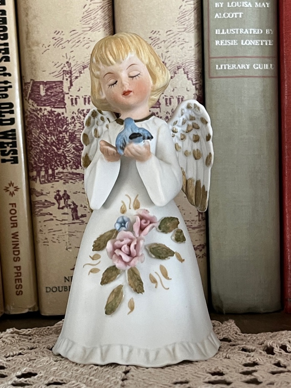 Lefton Angel Bell Figurine – Bisque Porcelain, Pink Roses, Bluebird #E8733, 4.5”